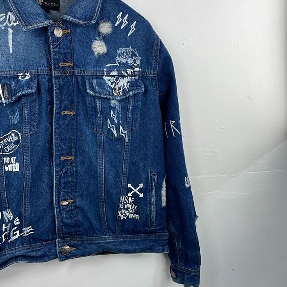 WAIMEA Men's Distressed Graphic Denim Jeans Jacket size Small - Picture 4 of 13